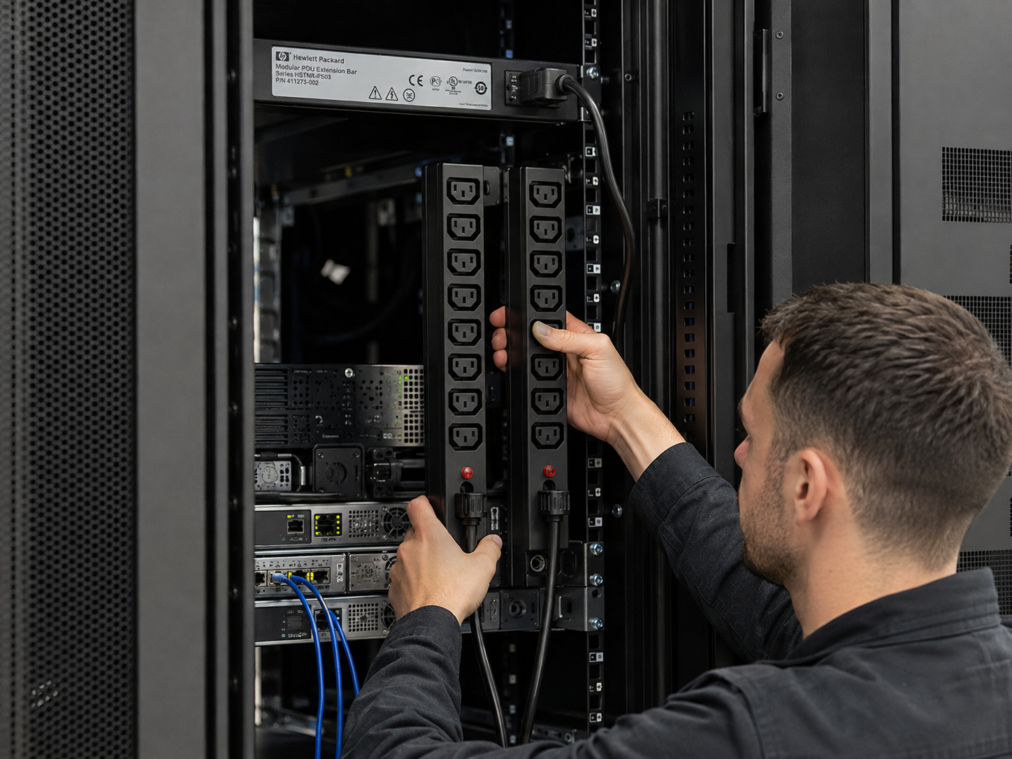 Barras PDU HP AF500A instaladas en rack servidor